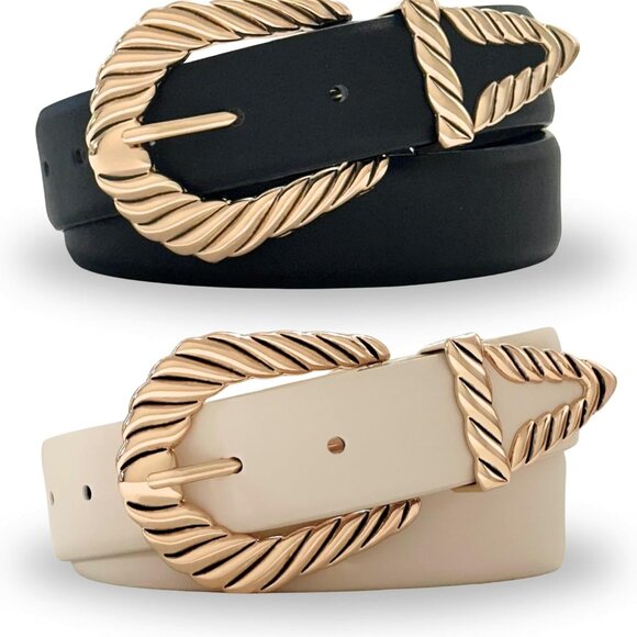 Plus-Size Friendly Cowgirl Belts 2-Pack - Vintage Chunky Buckle in Black & Cream - Picture 1 of 6